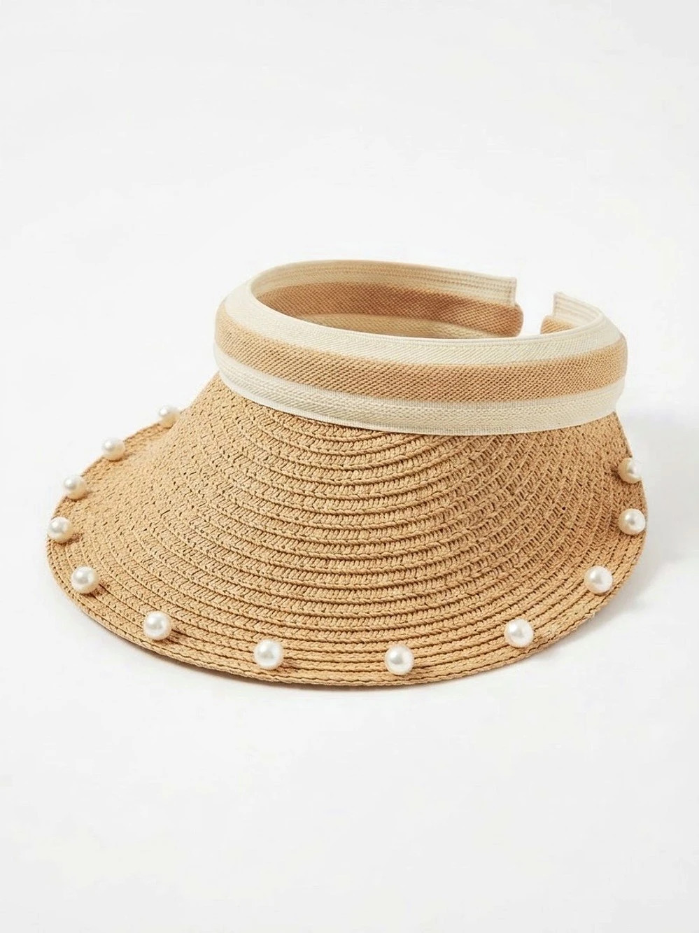 Pearl-Trim Visor in Beige & White